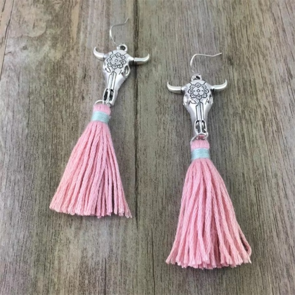Cow Skull Tassel Boho Earrings Taurus - Picture 3 of 6